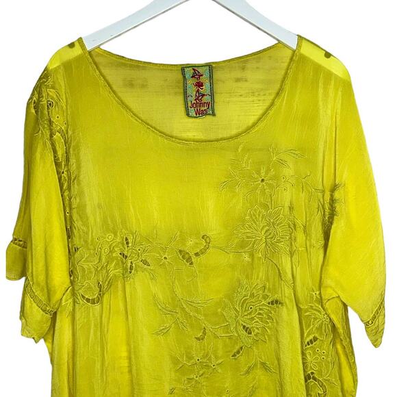 Johnny Was Yellow Rayon Crupa Oversized Boho Scallop Eyelet Top Blouse Large - Picture 3 of 10